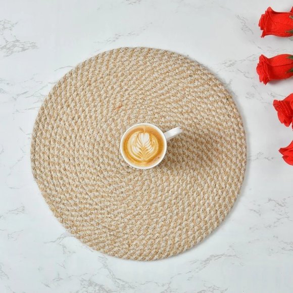 pepme Other - Jute Cotton Placemat, Round, White Beige, Crisscross, 14 Inches, Pack of 4